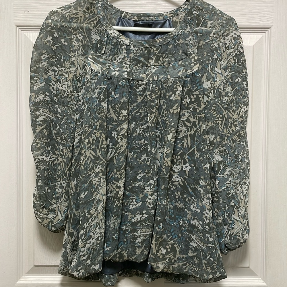 VERO MODA| Smocked | Lined | Printed | Gray/Blue/Tan | Ruched 3/4 Sleeve |Size M